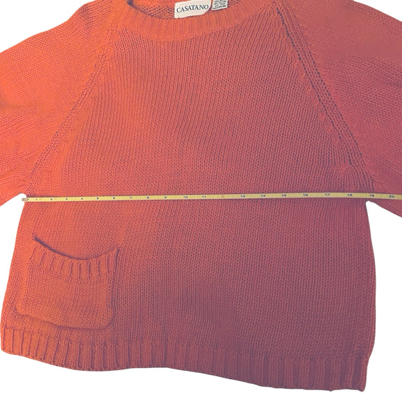 Vintage CASATANO Ramie Cotton Sweater Small Coral Orange-Red Knit Pocket 1980's - Picture 7 of 16